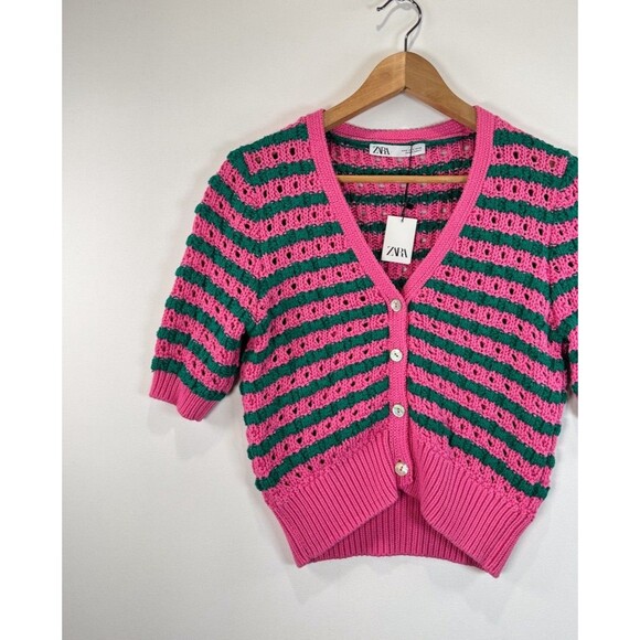NWT ZARA Womens Cardigan Pink Striped V Neck Cropped Short Sleeve Sweater Small - Picture 5 of 11